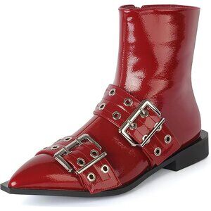 🆕Women's Gothic Combat Ankle Booties, Pointed Toe, Chunky Heel, Wine Red, PU